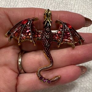 Whimsical Red Dragon Brooch with Red & Pink Crystals in Gold Tone Setting NEW